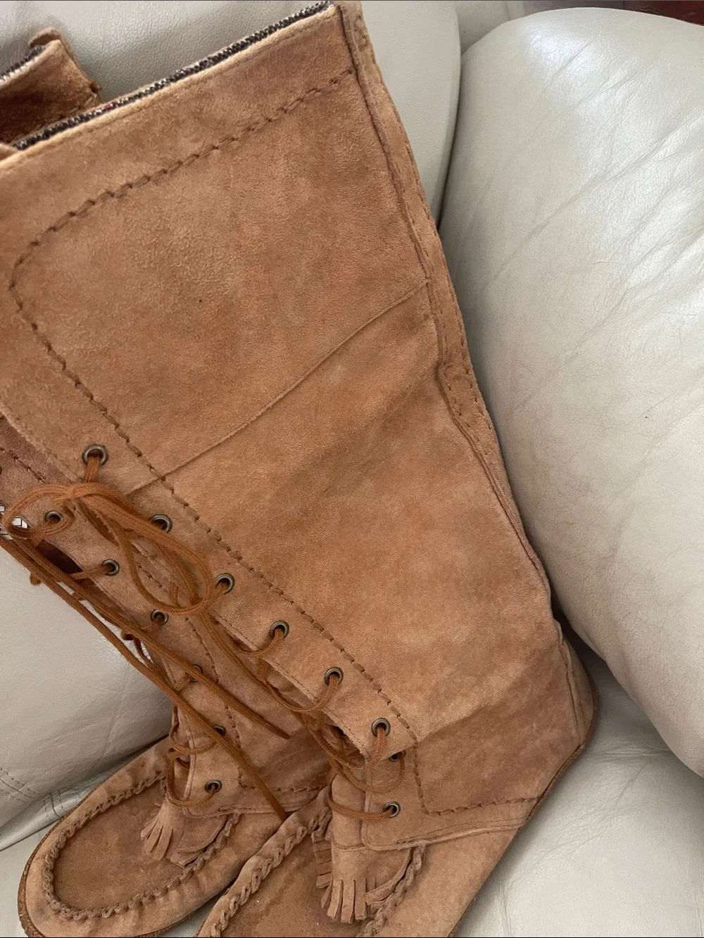UGG Somaya Chestnut Suede Tall Moccasin Fringe Boots Size 10